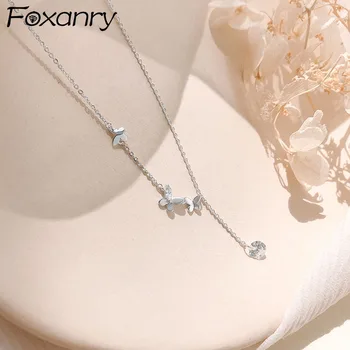 Foxanry 925 srebro Urok łańcuch Naszyjnik dla kobiet moda genialny motyl wisiorek łańcuch obojczyk łańcuch panny młodej biżuteria prezent