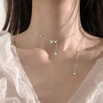 Foxanry 925 srebro Urok łańcuch Naszyjnik dla kobiet moda genialny motyl wisiorek łańcuch obojczyk łańcuch panny młodej biżuteria prezent
