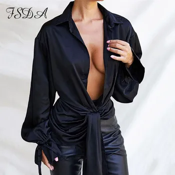 FSDA V neck Sexy czarna bluzka koszula kobiety 2020 z długim bujnym rękawem, Modne wieczorne Jesień Zima casual top koszulka damska