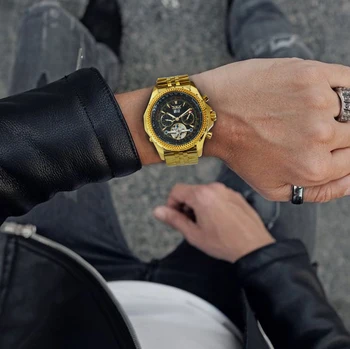 FUNKCJĄ złote zegarki męskie automatyczne zegarki wojskowe najlepsze marki luksusowych pasek ze stali nierdzewnej relojes hombre 2020 modernos prezent
