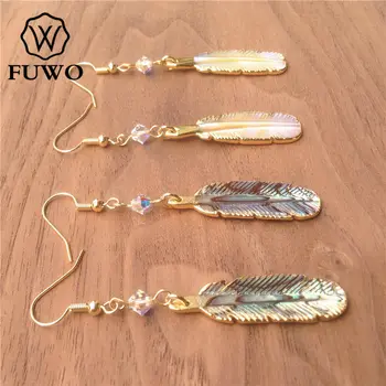 FUWO Natural Shell liście kolczyki z Aniołem Aura Kryształ Urok,moda złoto galwanicznie krawędzi powłoki biżuteria hurtowych ER509