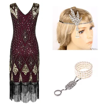 Gatsby sukienka z 1920 roku cekiny frędzle Paisley ujęcie koktajl sukienka z lat 20-tych zestaw akcesoriów