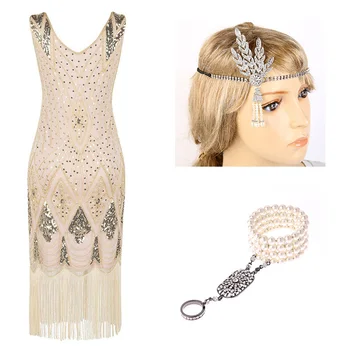 Gatsby sukienka z 1920 roku cekiny frędzle Paisley ujęcie koktajl sukienka z lat 20-tych zestaw akcesoriów