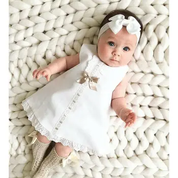 Girl Dress 2020 Dziecko Noworodka Baby Girl Sukienka Bez Rękawów Łuk Żebro Stałe Sukienka Opaska Na Głowę