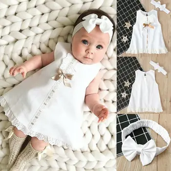 Girl Dress 2020 Dziecko Noworodka Baby Girl Sukienka Bez Rękawów Łuk Żebro Stałe Sukienka Opaska Na Głowę