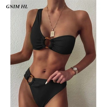 GNIM One Shoulder Swimsuit Women Two Pieces Solid Bikini Mujer 2020 High Waist Swimwear Women Summer Beachwear Swim strój kąpielowy