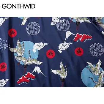 GONTHWID chińskie znaki Żurawie print japońskie kimono sweter kurtka Harajuku hip-hop casual Luźna meble na ubrania topy