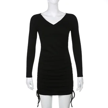 Gothblack Fashion Slim Long Sleeve Plisowana Mini Dress Women Gothic Solid V szyi Sznurek kobiet Bodycon Dress Y2K odzież uliczna