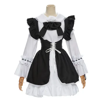 Gotycki Czarny Lolita Maid Sukienka Ładny Cosplay Dziewczyny Strój Z Długimi Rękawami Halloween Kostium Dla Kobiet Plus Size