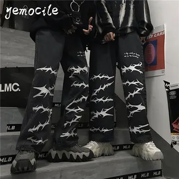 Gotyckie dżinsy drażliwej print wypłukane czarne proste spodnie z wysokim stanem 2020 koreański styl hip-hop High street damskie i męskie spodnie
