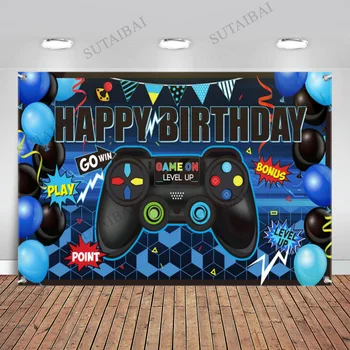 Gra Party Supplies Happy Birthday Gaming Banner Game on Birthday Party background Welcome Sign Pixelated Photo Background