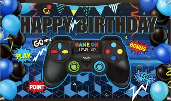 Gra Party Supplies Happy Birthday Gaming Banner Game on Birthday Party background Welcome Sign Pixelated Photo Background