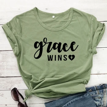 Grace wygrywa serce krzyż koszulka Damska kościół chrześcijański duchowa koszulka unisex inspirujący religijne Jezus top t-shirt odzież