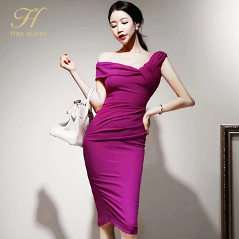 H Han Queen Elegant Slash neck Pencil Dress Women wiosna jesień Wysoka Talia sukienki powłoki koreański slim elegancki wieczór Bodycon Vestido
