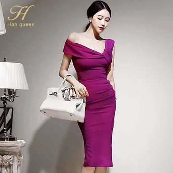 H Han Queen Elegant Slash neck Pencil Dress Women wiosna jesień Wysoka Talia sukienki powłoki koreański slim elegancki wieczór Bodycon Vestido