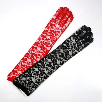 Handschuhe rot czarne długie damskie koronkowe rękawiczki palec do jazdy ślubne długość Łokcia rękawiczki ślubne bal gants dentelle 