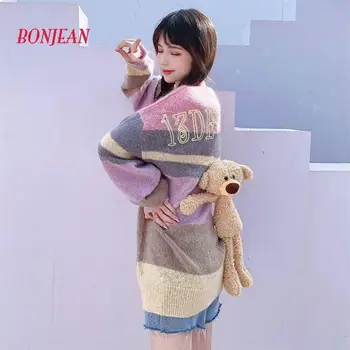 Harajuku Kawaii Damska Z Dzianiny Sweter Kreskówka Niedźwiedź Piękny Studencki Sweter Płaszcz Temat Retro Hit Kolor Sweter 2020