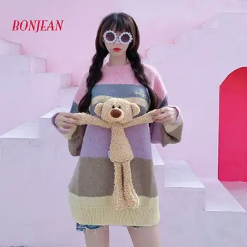 Harajuku Kawaii Damska Z Dzianiny Sweter Kreskówka Niedźwiedź Piękny Studencki Sweter Płaszcz Temat Retro Hit Kolor Sweter 2020