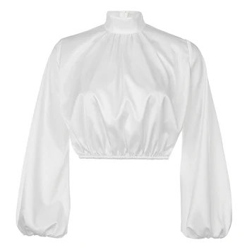 HEYounGIRL Ruched Turtle Neck Satin Tee Shirt Women Elegant Puff Sleeve Crop T Shirt Ladies Loose Black White T-shirt Office