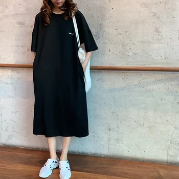 Hirsionsan Temat Letnie Bawełniane Sukienki Kobiety 2020 Koreański Harajuku Ponadgabarytowych Lady Długie Mike ' A List Print Casual Girl Dress