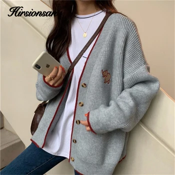 Hirsionsan V neck sweter z dzianiny kobiety 2020 jesień słoń haft graficzny sweter elegancki koreański odzież Damska oversize