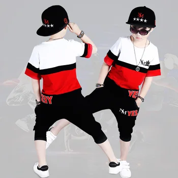 Hot Baby Boys Hip-Hop Clothes 2019 Summer New Round Neck Boutique Koszulka + Codzienne Szorty Red Two Set 4-12 Year Kids Suit