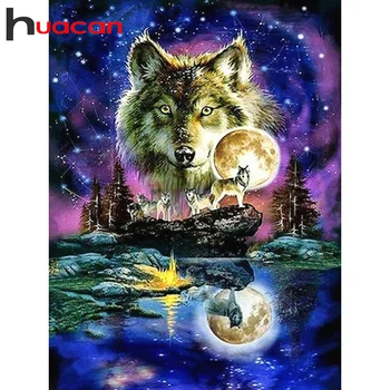 Huacan 5D Diy Diament malarstwo Wilk gwiaździste niebo Home Art Diament haft Księżyc mozaika dekoracje dla domu