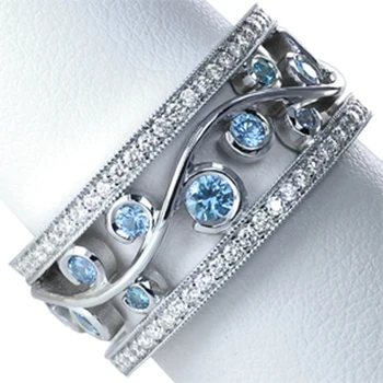 Huitan Partysu Style Blue/White Zircon Wydrążone Band Women Ring Silver Color Wedding/Birthday Anniversary Stylowe Pierścienie