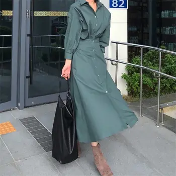 HziriP Retro Fashion Slimming Waist-Controlled New Autumn Puff-Sleeved Sweet Office Lady Slender All-Match Female A-Line Dresses