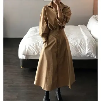 HziriP Retro Fashion Slimming Waist-Controlled New Autumn Puff-Sleeved Sweet Office Lady Slender All-Match Female A-Line Dresses