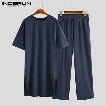 INCERUN chiński styl męskie zestawy temat solidna bawełna rękawy Długie styl bluzki proste spodnie Vintage casual męski garnitur ulica 2021