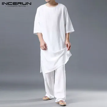 INCERUN chiński styl męskie zestawy temat solidna bawełna rękawy Długie styl bluzki proste spodnie Vintage casual męski garnitur ulica 2021