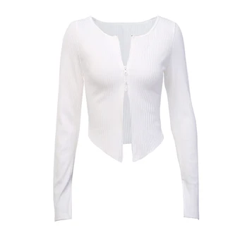 InstaHot White Black Zip Up T-shirt Ribbed Knitted Long Sleeve Strech Irregular Casual Sexy Women Autumn Tops 2019 odzież uliczna