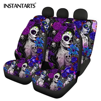 INSTANTARTS Poppy Floral Skull Day of the Dead Printed Heavy-Duty Car Interior Seat Covers Fashion Front/Back Seat Protector