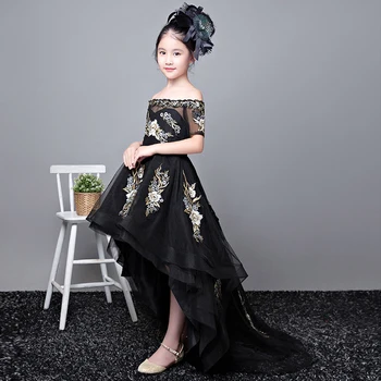 IYEAL Black Flower Girl Dresses Children Girls Floor Length Shoulderless Princess Wedding Party Girl Dress Birthday 3-12 lat