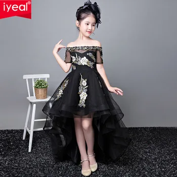 IYEAL Black Flower Girl Dresses Children Girls Floor Length Shoulderless Princess Wedding Party Girl Dress Birthday 3-12 lat