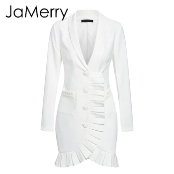 JaMerry Vintage sexy women blazer Elegant dress signal breasted white office work wear dress Party style kieszenie mini sukienki