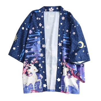 Japoński luźny szlafrok Sakura jeleń kwiat niebieski kolor oddziału letni krem kimono literatura i sztuka cosplay kobiety szyfon