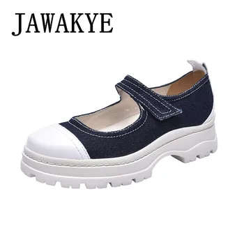 JAWAKYE Denim Blue Platform Mary Janes Sweet Girl's Casual Flat Shoes gumowa podeszwa toe damskie obuwie casual mokasyny