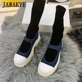 JAWAKYE Denim Blue Platform Mary Janes Sweet Girl's Casual Flat Shoes gumowa podeszwa toe damskie obuwie casual mokasyny