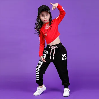 Jazz Taneczne Stroje Dla Dziewczyn Czarny Czerwony Bluzki Z Długim Rękawem Jogger Spodnie Dzieci Hip-Hop Garnitur Dzieci Uliczne Tańce Odzież