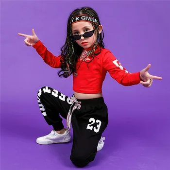 Jazz Taneczne Stroje Dla Dziewczyn Czarny Czerwony Bluzki Z Długim Rękawem Jogger Spodnie Dzieci Hip-Hop Garnitur Dzieci Uliczne Tańce Odzież