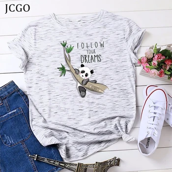 JCGO lato kobiety t-shirt bawełna cute Panda druku plus rozmiar S-5XL O-neck z długim rękawem t-shirt Lady damska casual t-shirt topy