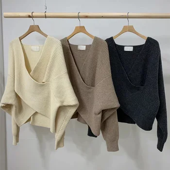 Jednoczęściowy sweter, bluzki Damskie 2020 Jesień Zima moda V-neck krzyż damski sweter swetry Oversize Południowa dzianiny swetry