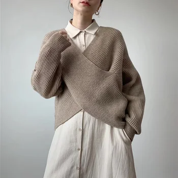 Jednoczęściowy sweter, bluzki Damskie 2020 Jesień Zima moda V-neck krzyż damski sweter swetry Oversize Południowa dzianiny swetry