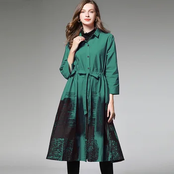 Jesienna moda Damska dziewięć kwartałów atramentu do drukowania bawełna wiatr płaszcz zebrać talię duże rozmiary damskie eleganckie długie płaszcze