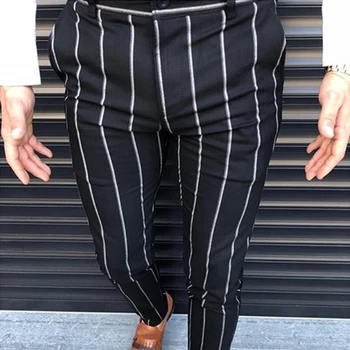 Jesienne męskie modne spodnie w paski casual Slim Fit biznesowych długie spodnie Męskie bawełniane mix Party Button meble ubrania ołówek spodnie