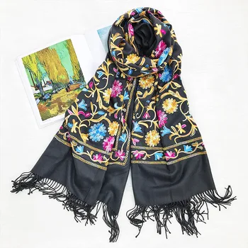 Jesień i zima haftowane wodne rośliny i kwiaty etniczny styl kaszmirowy szalik dla kobiet, gruby ciepły duży szal płaszcz