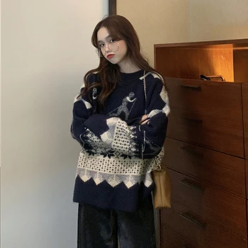 Jesień Nowy Sweter Kobiety Japoński Vintage Żakardowe Wolny Zewnętrzny Sweter Dziewczyna O-Neck Sweter Z Długim Rękawem Studenckie Topy
