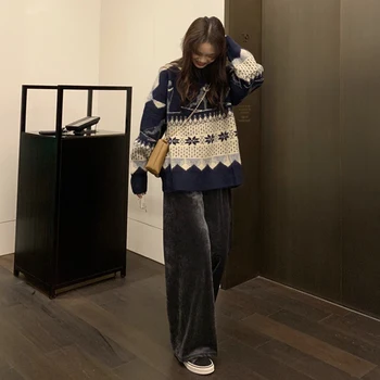 Jesień Nowy Sweter Kobiety Japoński Vintage Żakardowe Wolny Zewnętrzny Sweter Dziewczyna O-Neck Sweter Z Długim Rękawem Studenckie Topy